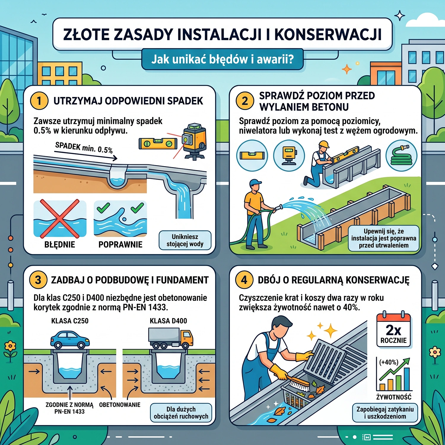 Cztery kroki prawidłowego montażu i konserwacji systemów odwodnienia